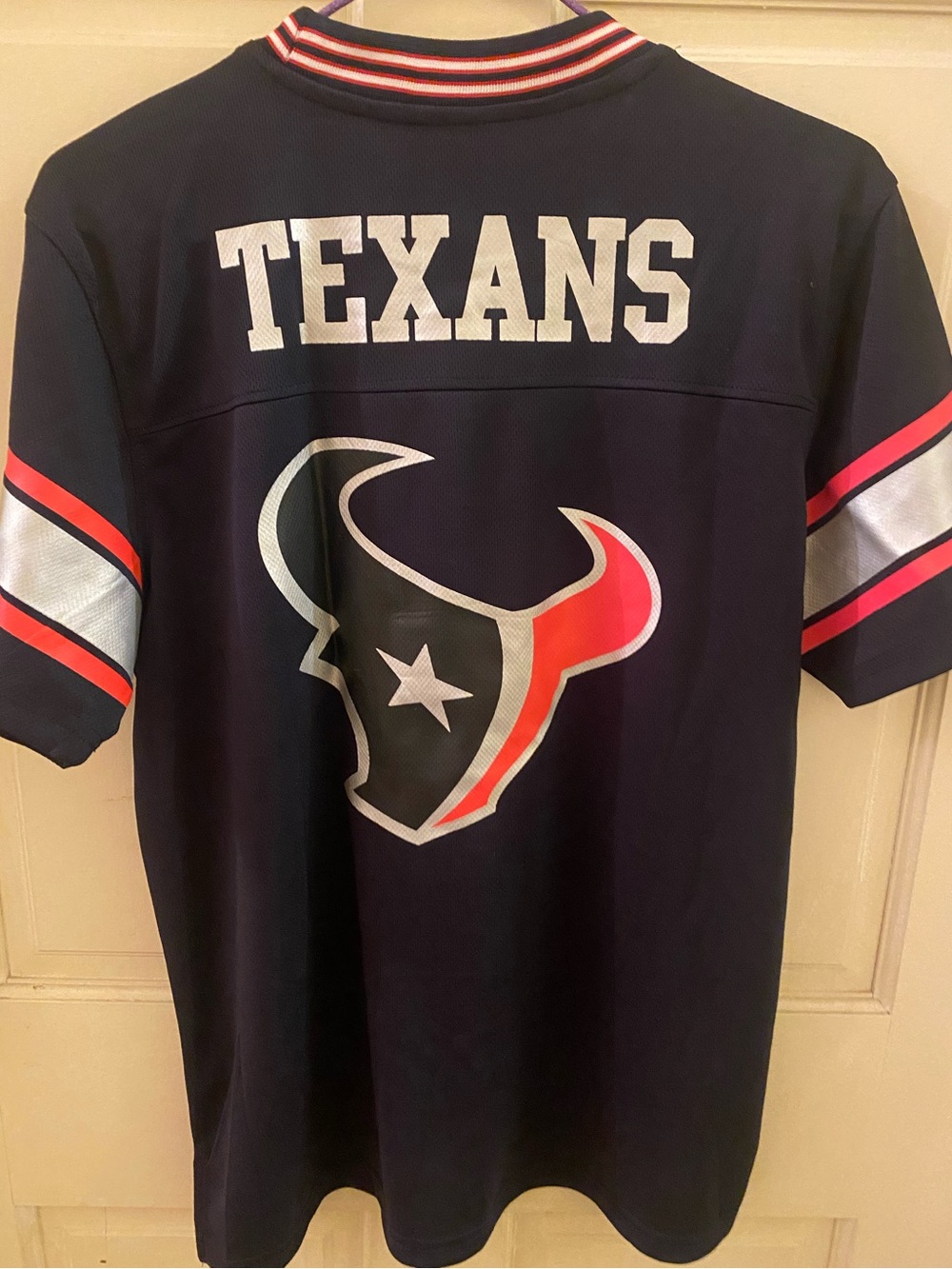 NEW NFL Navy Crewneck Tee with Red and White Stripe Collar